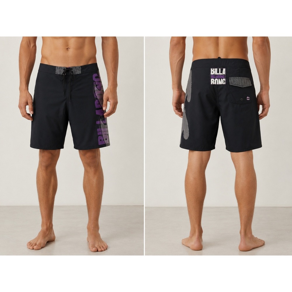 Vintage Y2K Billabong Mens Black Purple Graphic Board Shorts Swim Trunks